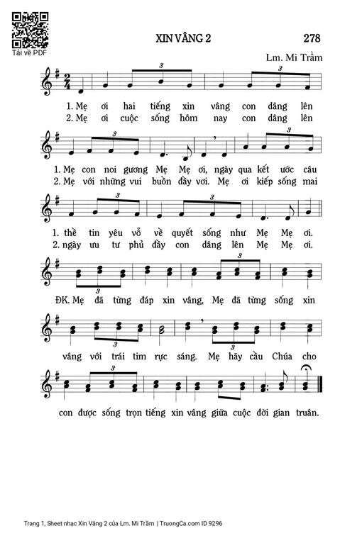 Sheet PDF of Xin Vâng 2 - Lm. Mi Trầm