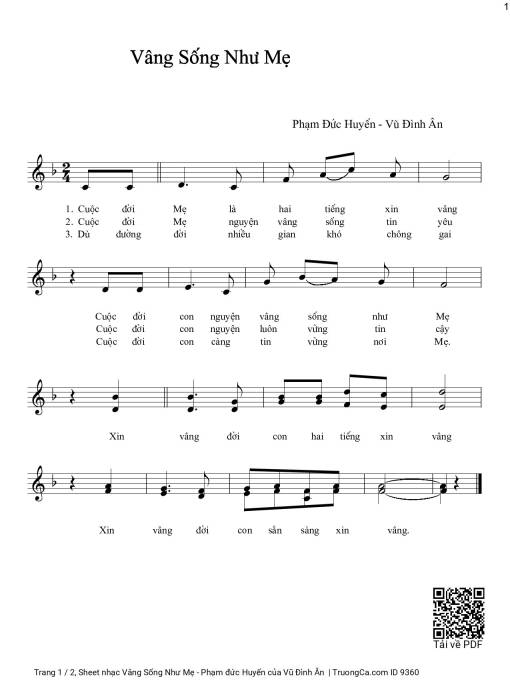 Sheet PDF of Vâng Sống Như Mẹ - Phạm đức Huyến