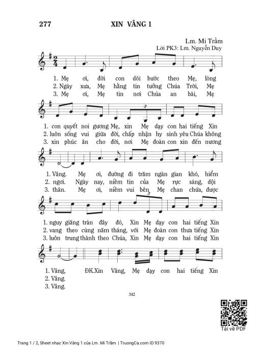 Sheet PDF of Xin Vâng 1 - Lm. Mi Trầm