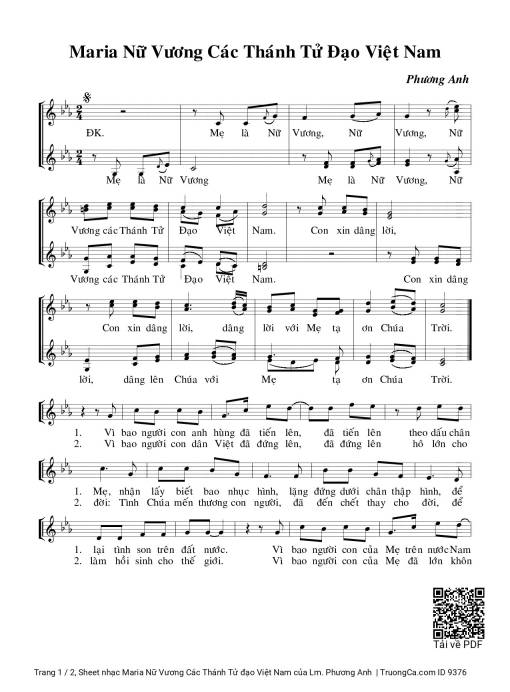 Sheet PDF of Maria Nữ Vương Các Thánh Tử đạo Việt Nam