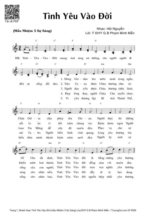 Sheet PDF of Tình Yêu Vào đời (mầu Nhiệm 5 Sự Sáng)