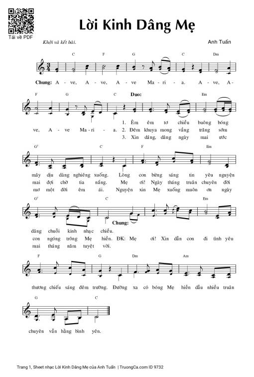 Sheet PDF of Lời Kinh Dâng Mẹ