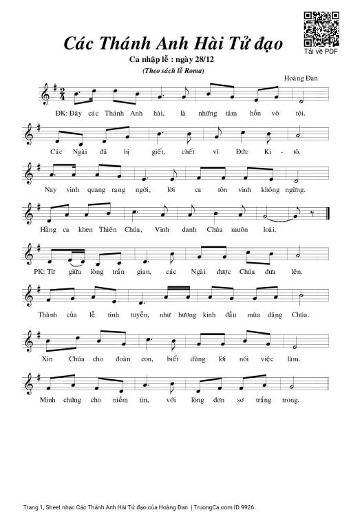 Sheet PDF of Các Thánh Anh Hài Tử đạo