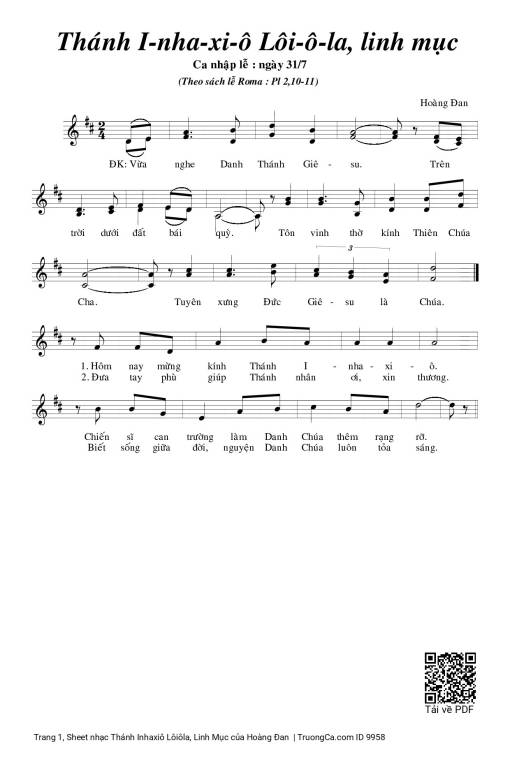 Sheet PDF of Thánh Inhaxiô Lôiôla, Linh Mục